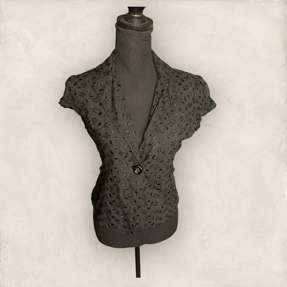 Vintage Y2K Black Blazer Blouse Vest Medium Eyelet Baddie Short Sleeve